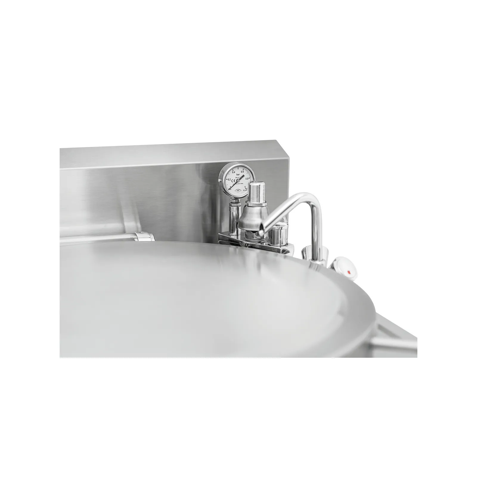 Bartscher 280021 Kochkessel E220L Nahansicht Wasserhahn, geschlossener Deckel, Kessel, Druckmesser, Stahl, Säule?
