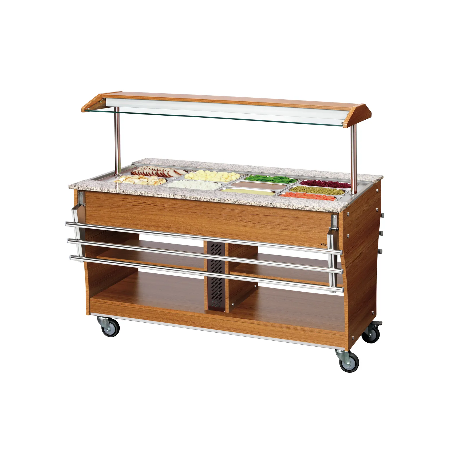 Bartscher 125628 Buffetwagen warm 4x 1/1GN Ansicht Komplett, mit Essen, mit Tablettrutsche eingeklappt, Buffetwagen, Servierwagen, Holz, Granitarbeitsplatte, Speisenbereitstellung