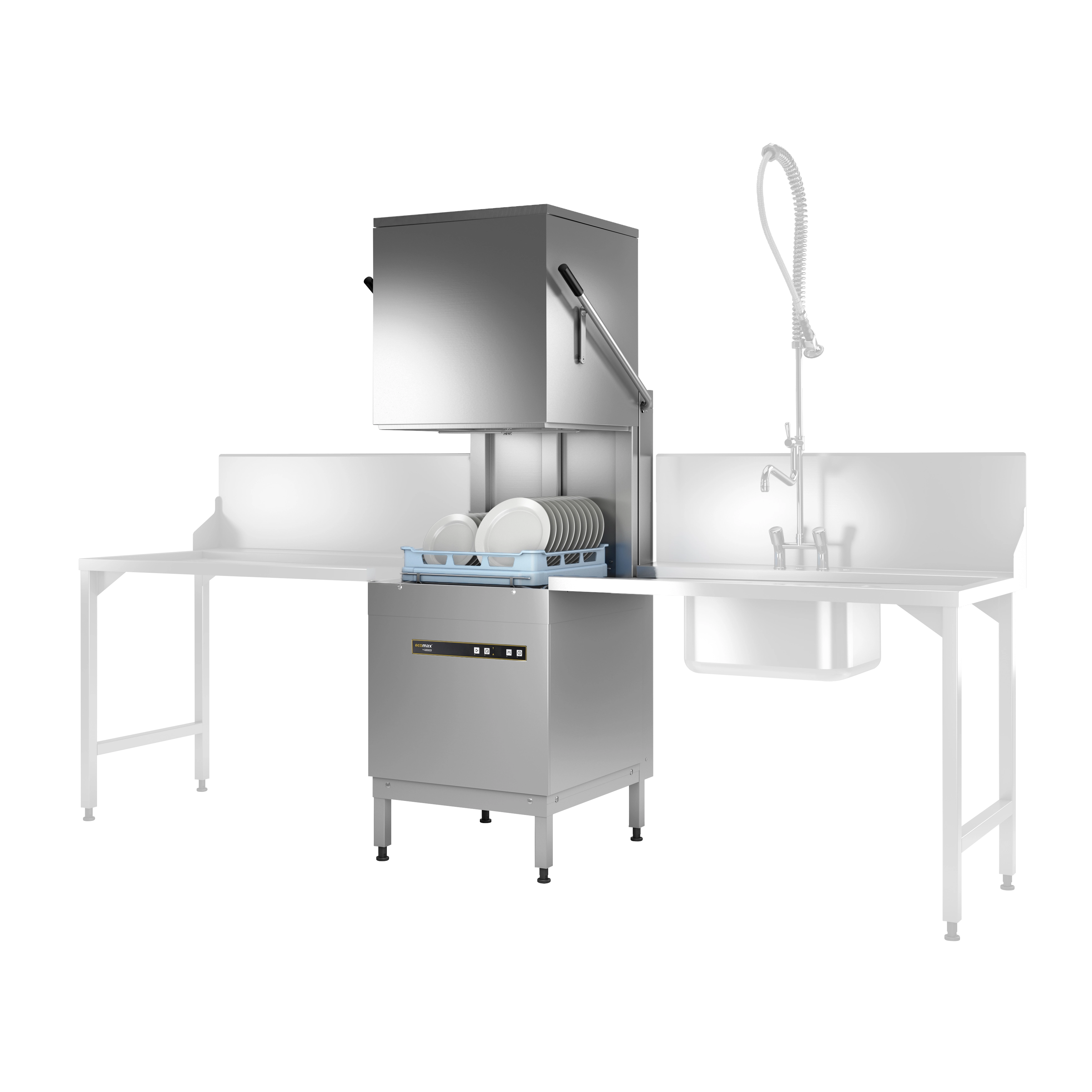 Exomax H604 Haubenspuelmaschine mit seitlichen Tischen und Brausearmatur