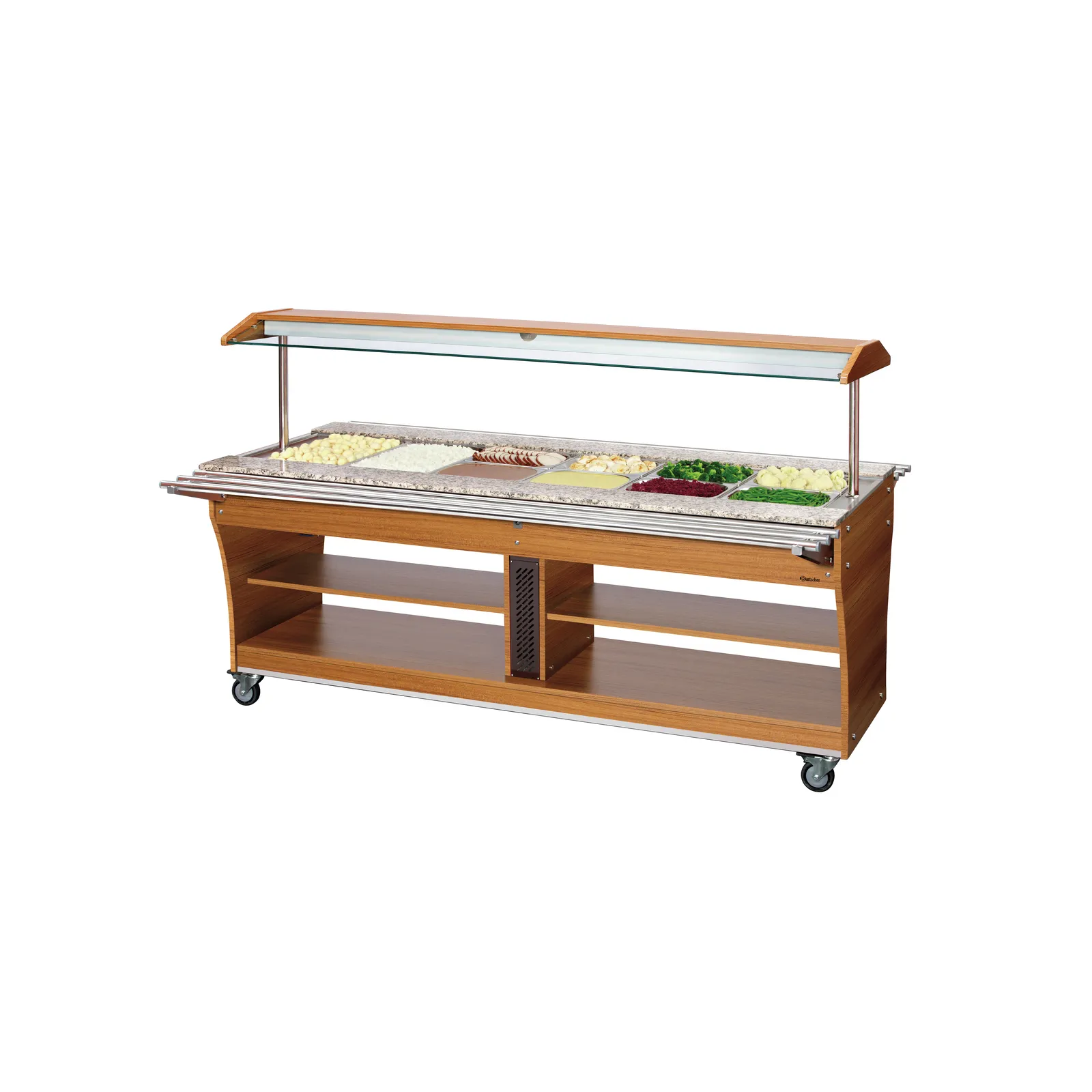 Bartscher 125624 Buffetwagen warm 6x 1/1 GN Ansicht Komplett, mit Essen, mit Tablettrutsche ausgeklappt, Saladbar, Buffetttisch, Glasabdeckung, Holzstruktur, Rollenwagen