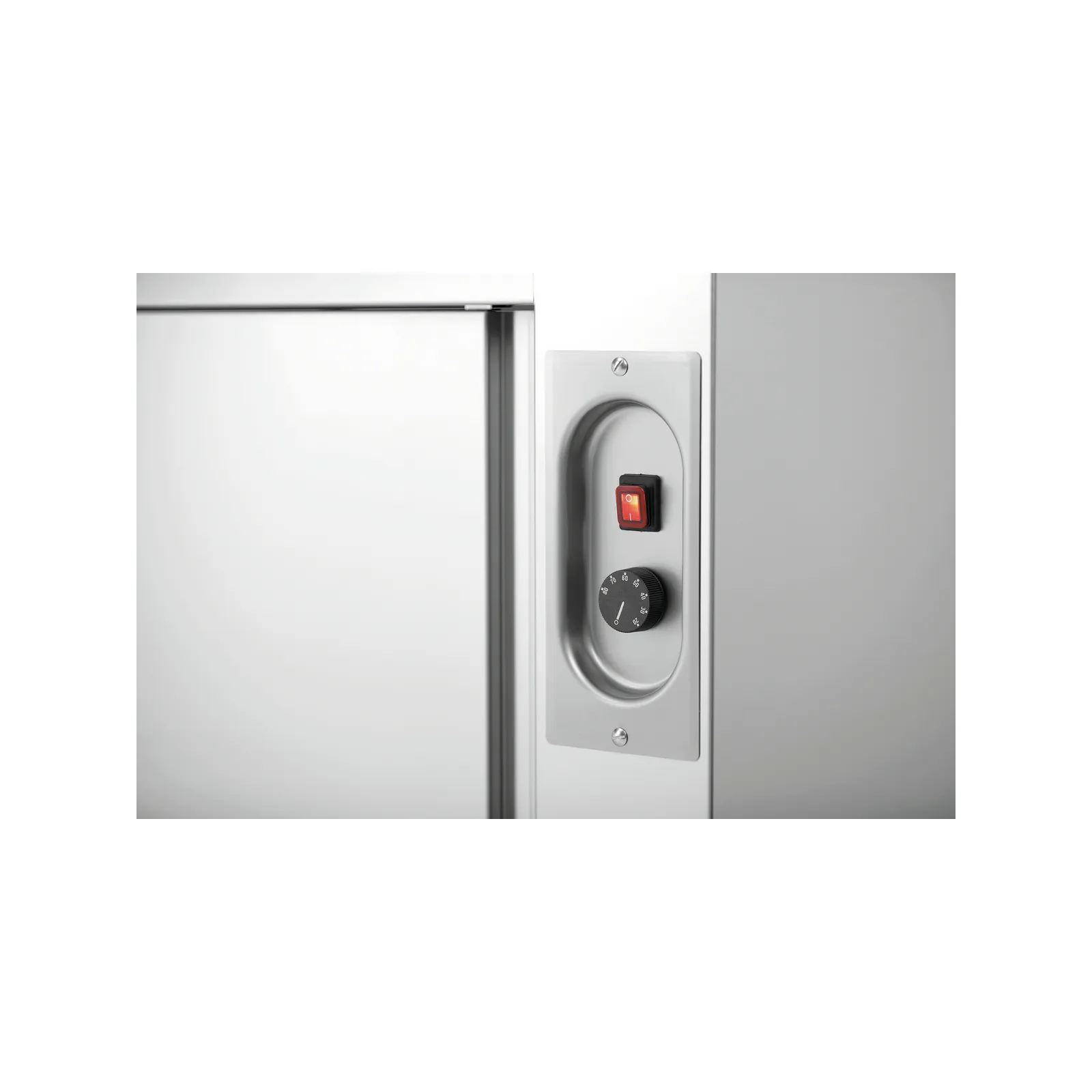 Bartscher 346107 Wärmeschrank 700-4T 1000 Nahansicht Bedienelemente, Steckschloss, Sicherheitsverschluss, Tür Regulierung, Druckknopf, Dial